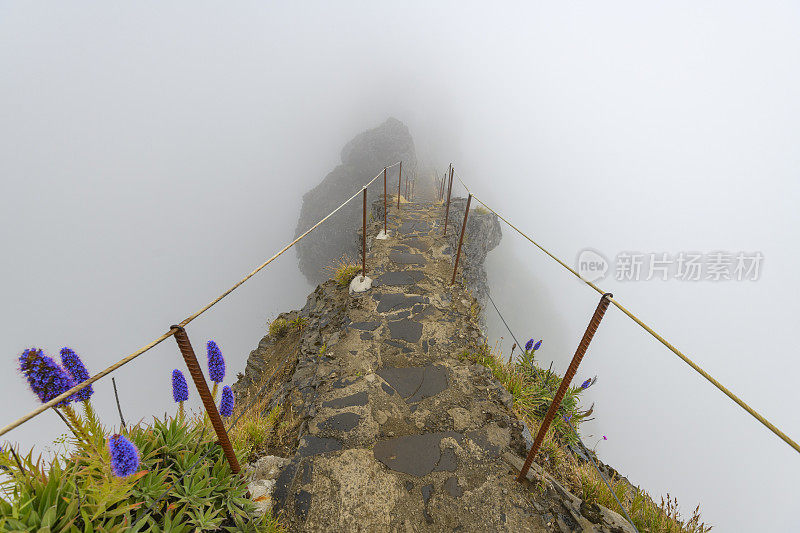 Vereda do Areeiro - Pico Ruivo在迷雾中越过山脊，这是马德拉最高山脉上的一条平民步道